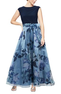SL FASHIONS High Neck Cap Sleeve Solid Top Floral Print Skirt A-Line Ballgown in Nav
