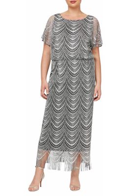 SL FASHIONS Metallic Open Stitch Blouson Gown in Silver