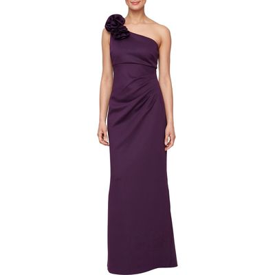 SL FASHIONS Rosette One-Shoulder Gown in Plum 