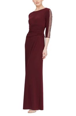 SL FASHIONS Ruched Waist Embellished Sleeve Gown in Fig