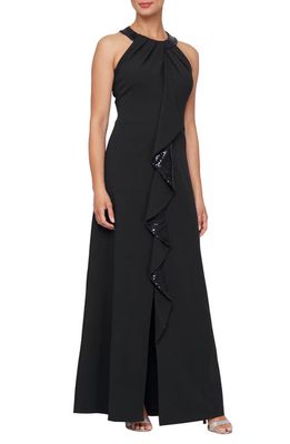 SL FASHIONS Sequin Halter Neck Ruffle Gown in Black