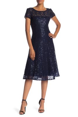 SL FASHIONS Sequin Lace Midi Dress in Navy
