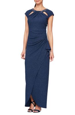 SL FASHIONS Sparkle Knit Sheath Gown in Navy