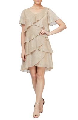 SL FASHIONS Tiered Shimmer Metallic Flutter Sleeve Dress in Gld