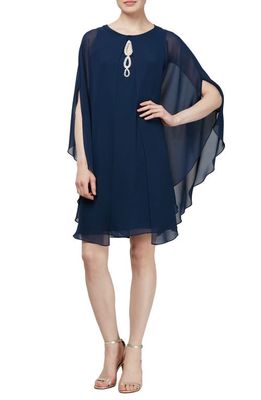 SL FASHIONS Two-Piece Cape Cocktail Dress in Navy