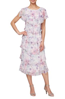 SL FASHIONS Watercolor Tiered Chiffon Dress in Mauve Multi 