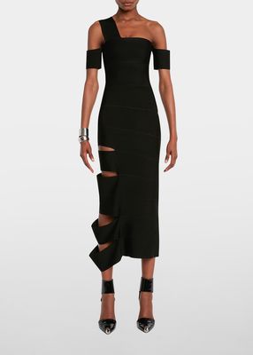 Slash Cutout One-Shoulder Bandage Midi Dress