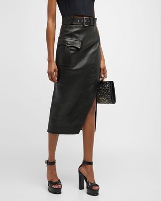 Slash Slit-Hem Belted Leather Midi Skirt
