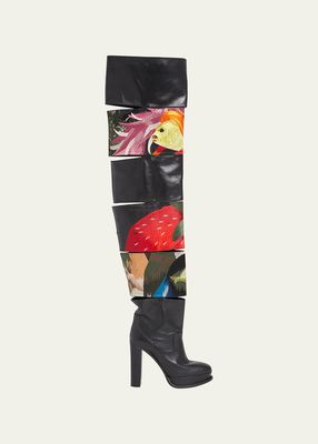 Slashed Embroidered Thigh-High Platform Boots