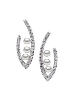 Sleek 18K White Gold, 3-3.5MM Akoya Pearl & Diamond Drop Earrings