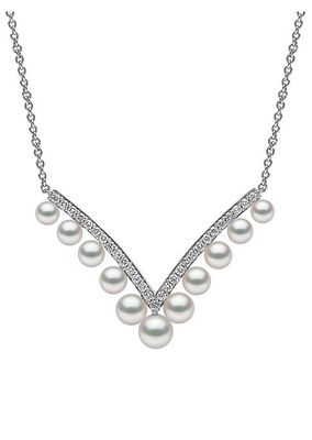 Sleek 18K White Gold, 3-5MM Cultured Akoya Pearl & Diamond Pendant Necklace