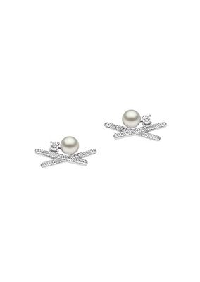 Sleek 18K White Gold, 4-4.4MM Akoya Pearl & Diamond Stud Earrings