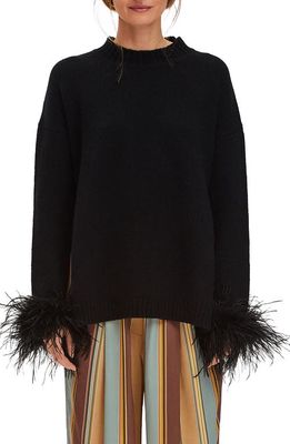Sleeper Agatha Feather Trim Wool & Cashmere Pajama Sweater in Black