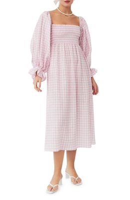 Sleeper Atlanta Gingham Smocked Linen Nightgown in Pink And White