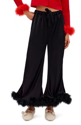 Sleeper Boudoir Pajama Pants with Detachable Feather Trim in Black