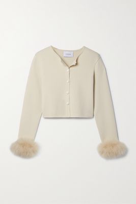 Sleeper - Feather-trimmed Cropped Knitted Cardigan - Cream
