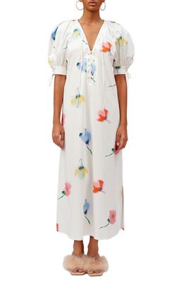 Sleeper Garden Floral Puff Sleeve Stretch Cotton Nightgown in White Multi Color