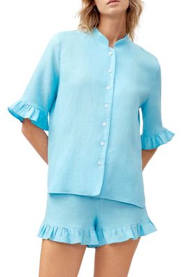 Sleeper Ruffle Linen Blend Short Pajamas in Blue