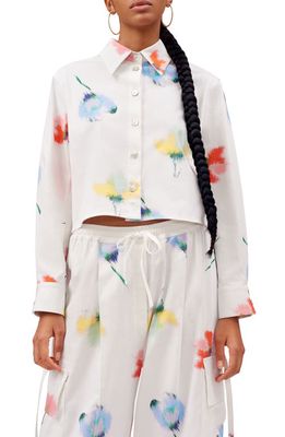 Sleeper Safari Crop Stretch Cotton Button-Up Pajama Shirt in White Multi Color