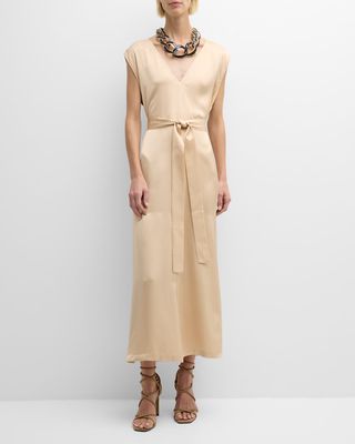 Sleeveless Belted Bead-Trim Satin Midi Dress