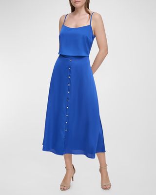 Sleeveless Button-Front Sateen Midi Dress
