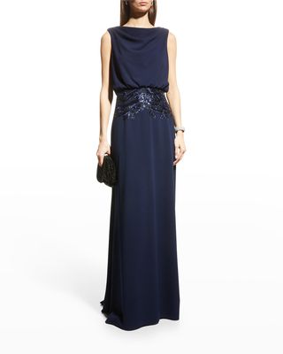 Sleeveless Crepe Gown w/ Sequin-Trim