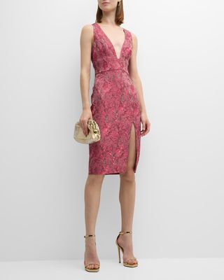 Sleeveless Deep V-Neck Jacquard Midi Dress