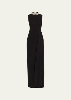 Sleeveless Draped Pearly Column Gown