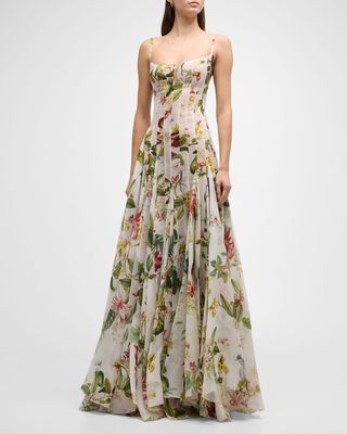 Sleeveless Floral And Fauna Gazar Gown