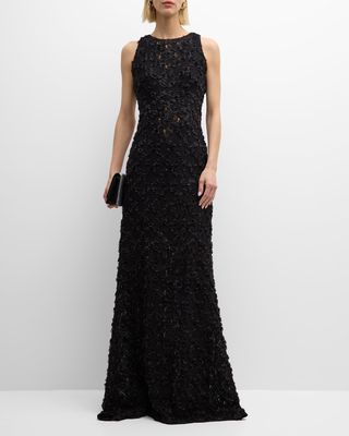 Sleeveless Floral Applique Lace Gown