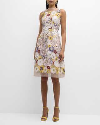 Sleeveless Floral-Embroidered Tulle Midi Dress