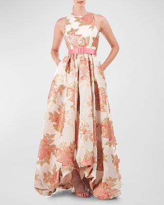 Sleeveless Floral Jacquard Bubble Halter Gown