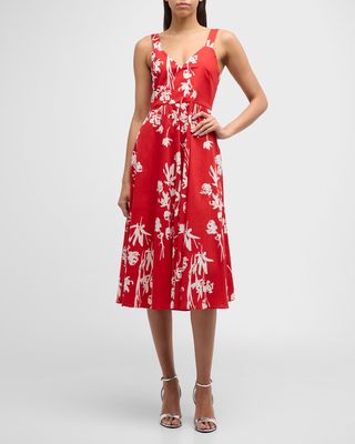 Sleeveless Floral-Print A-Line Midi Dress