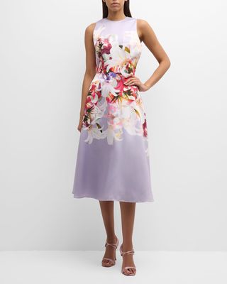 Sleeveless Floral-Print Gazar Midi Dress