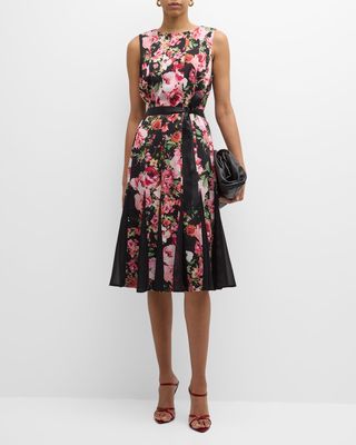 Sleeveless Floral-Print Godet Midi Dress