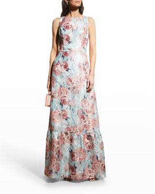 Sleeveless Floral-Print Jacquard Gown