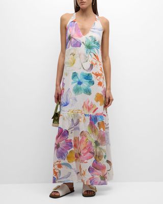 Sleeveless Floral-Print Linen Halter Maxi Dress