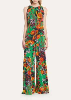 Sleeveless Floral-Print Tulle Jumpsuit