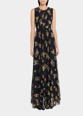 Sleeveless Floral-Print Tulle Maxi Dress
