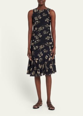 Sleeveless Floral-Print Tulle Midi Dress