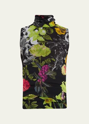 Sleeveless Floral-Print Turtleneck Tulle Blouse