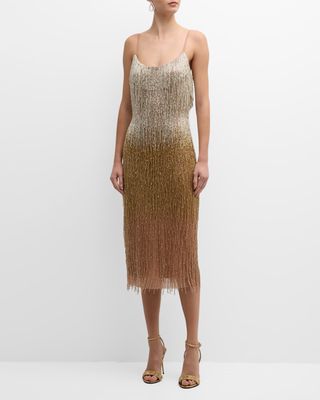 Sleeveless Ombre Bead-Fringe Midi Dress