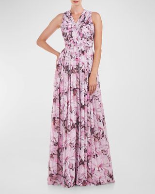 Sleeveless Pleated Floral-Print Chiffon Gown