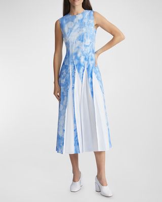 Sleeveless Pleated Floral-Print Midi Dress