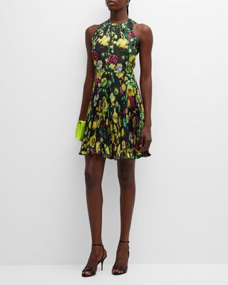 Sleeveless Pleated Floral-Print Mini Dress