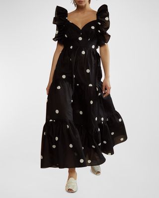 Sleeveless Polka Dot Ruffle Maxi Dress