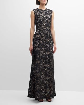 Sleeveless Sequin Floral Burnout Gown