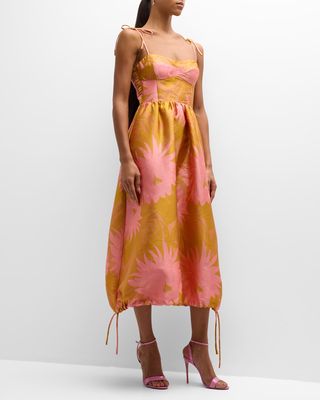 Sleeveless Smocked Floral Jacquard Midi Dress