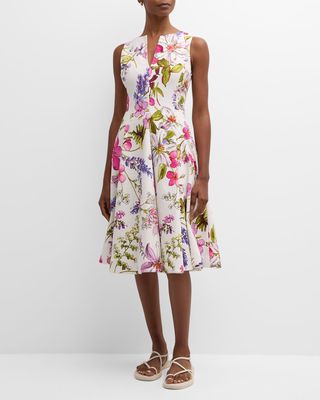 Sleeveless Split-Neck Floral-Print Midi Dress
