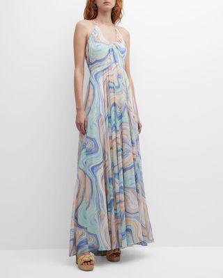Sleeveless Swirl-Print Chiffon Maxi Dress